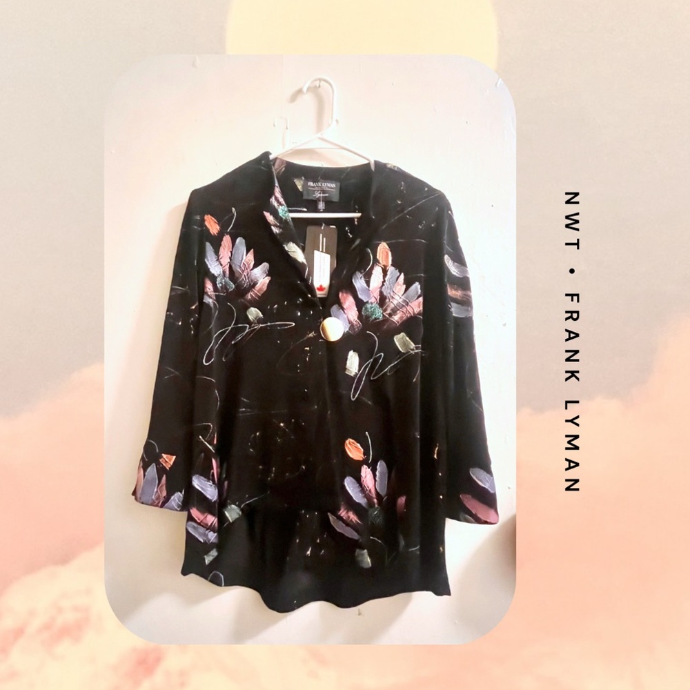nwt 🆕🎉 frank lyman black & floral long sleeve collared button blouse jacket
